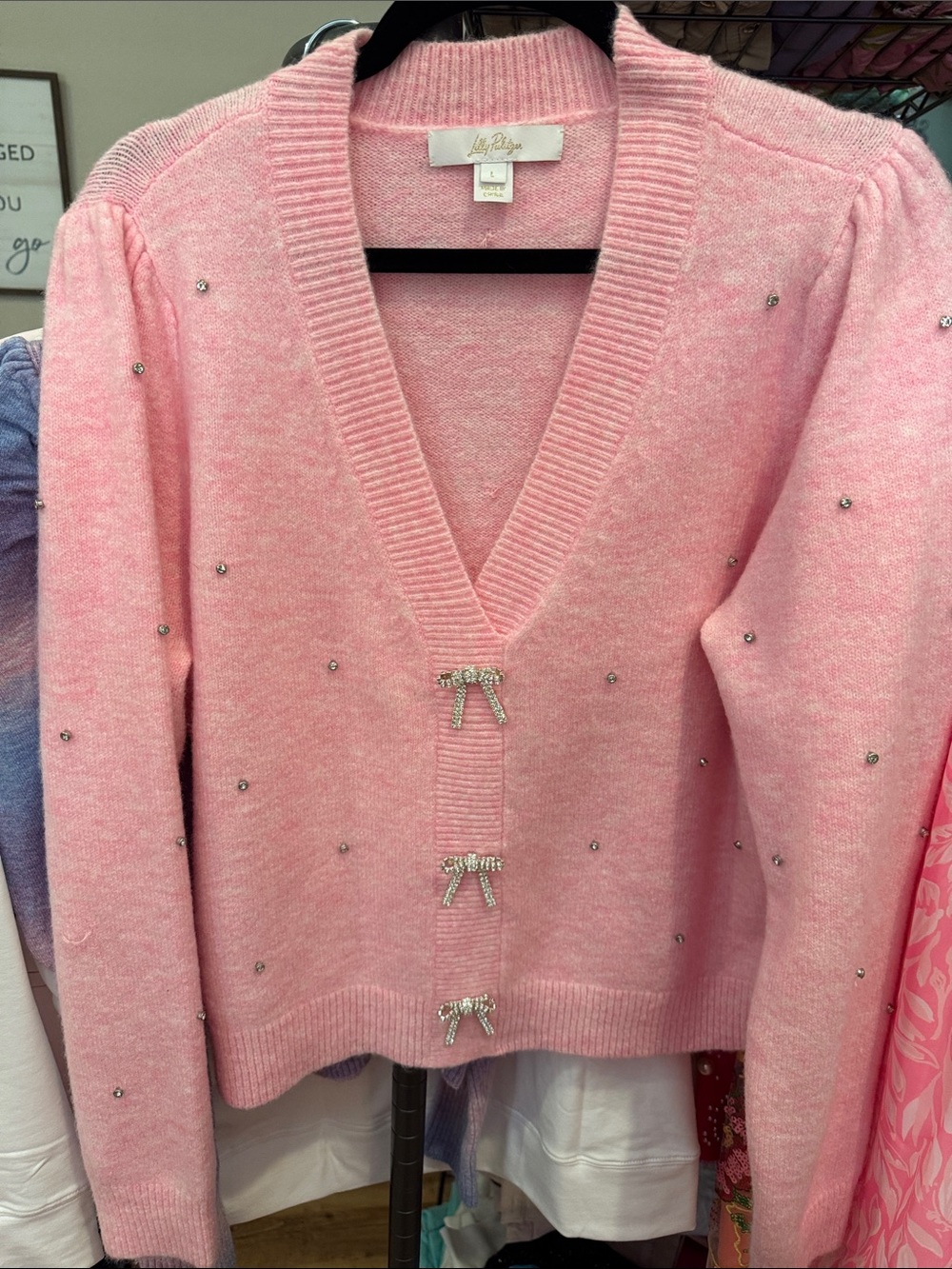 Lilly Pulitzer Light Pink Rhinestone Bow V-Neck Sweater